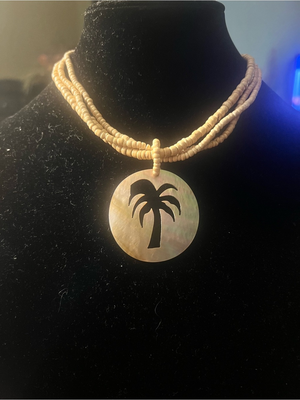 Source Unknown Beige Mother-of-Pearl Palm Tree Disc Necklace